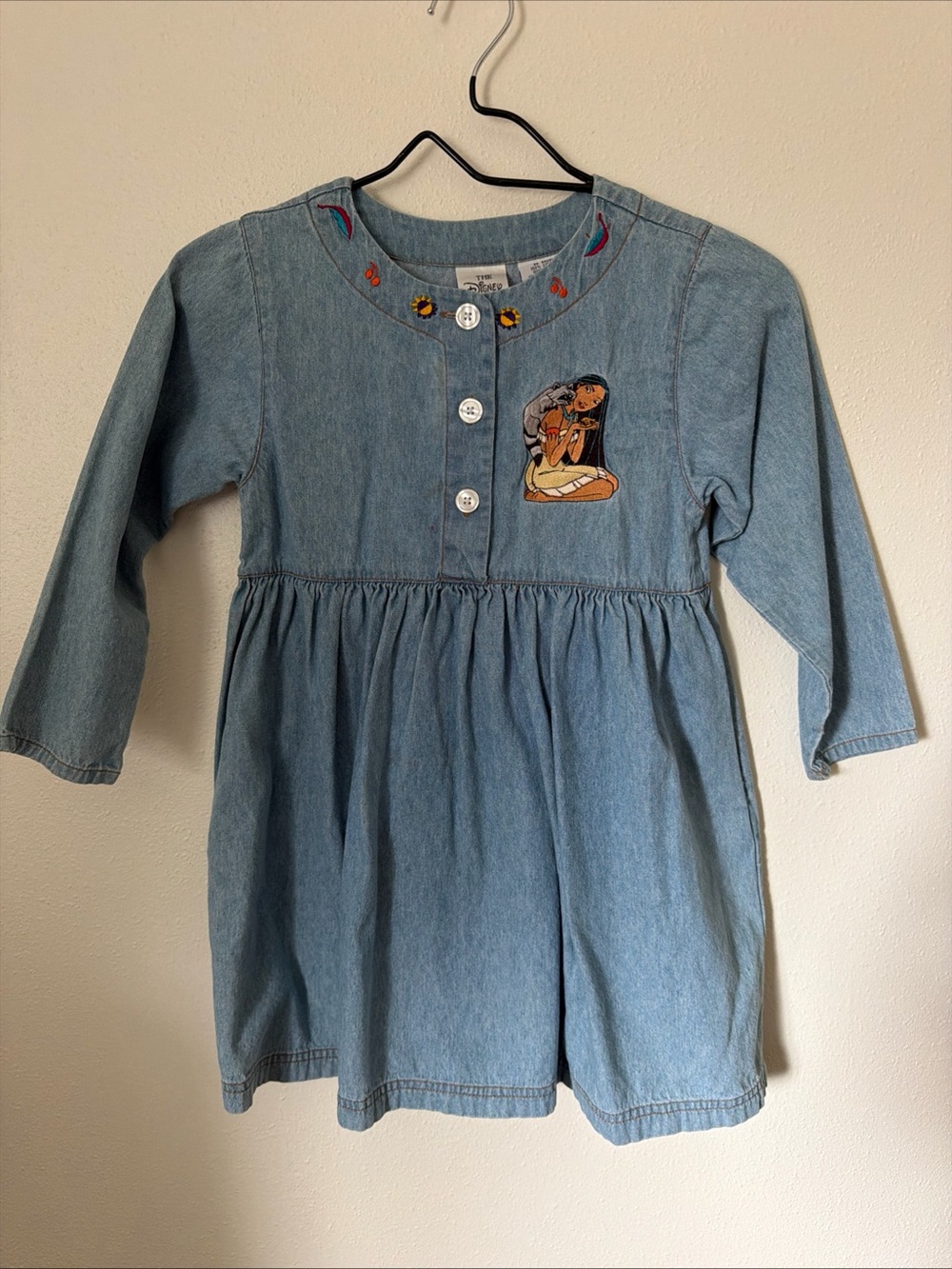 Disney Store Light Blue Denim Long-Sleeve Pocahontas Embroidered Dress 6X/7